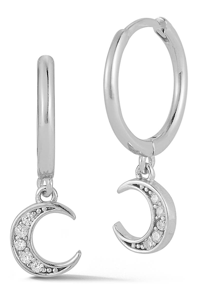 Moon Huggie Drop Earrings, Main, color, SILVER