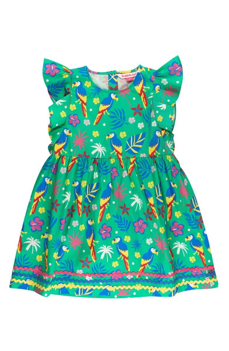 RuffleButts Woven Butterfly Sleeve Bow Dress, Main, color, Parrot Palms