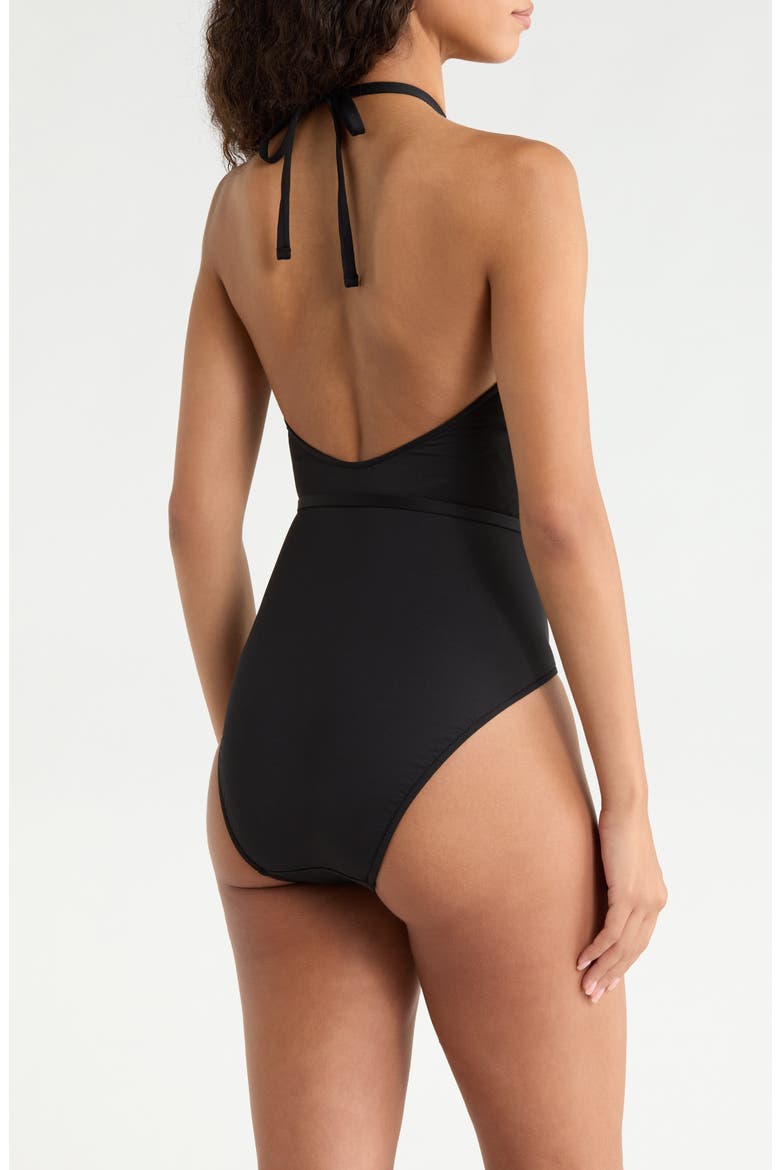 Belted High Neck One-Piece Swimsuit, Alternate, color, BLACK