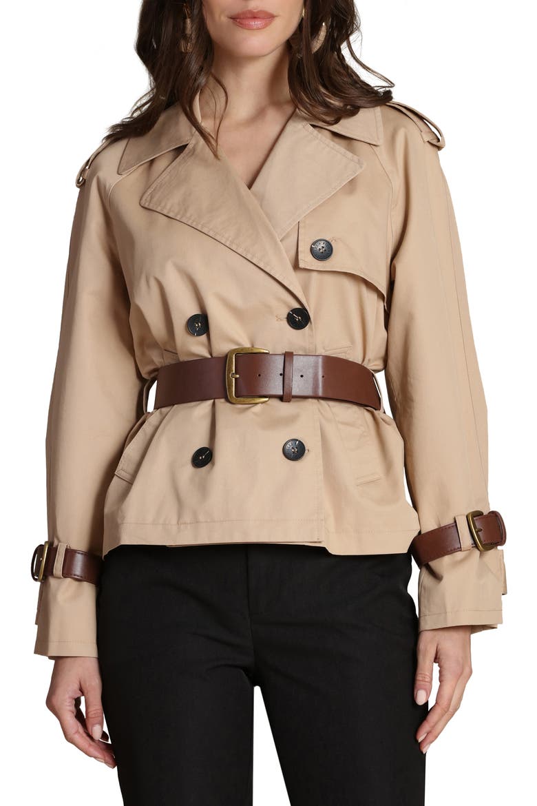 Short Trench Jacket with Faux Leather Belt, Main, color, CAMEL