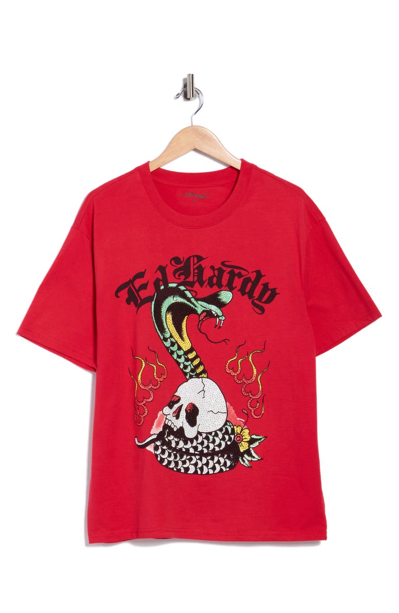 Ed Hardy Rhinestone Cobra Skull Graphic T-Shirt, Alternate, color, Red