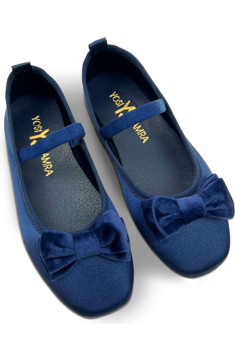 Yosi Samra Kids' Miss Emory Satin Mary Jane Flat, Alternate, color, Navy Satin / Velvet Bow