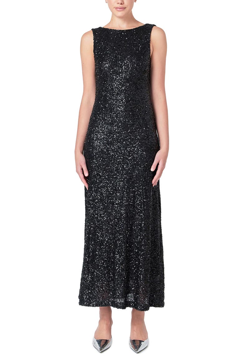 Open Back Sequin Maxi Dress, Alternate, color, BLACK