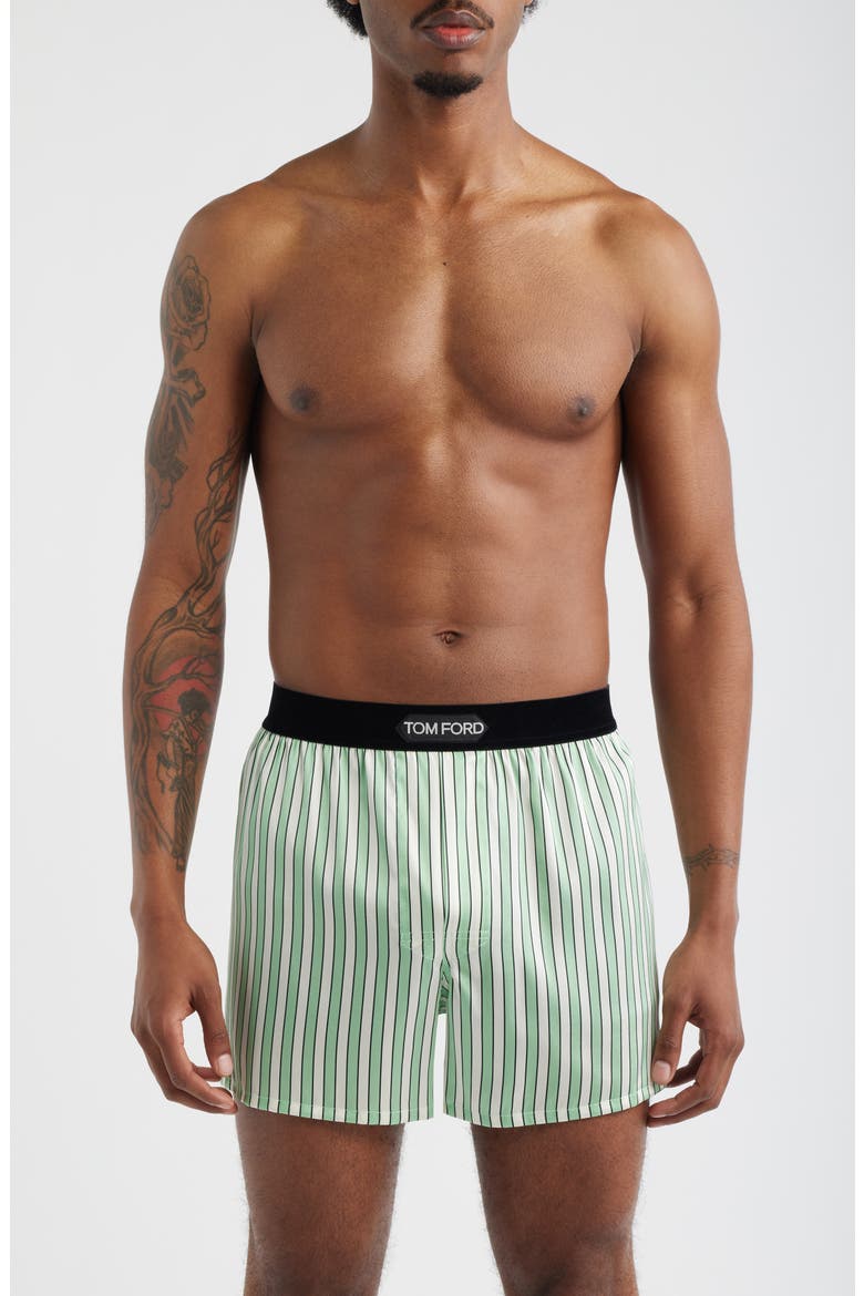 Stripe Stretch Silk Boxer Shorts, Main, color, LIGHT GREEN/ WHITE