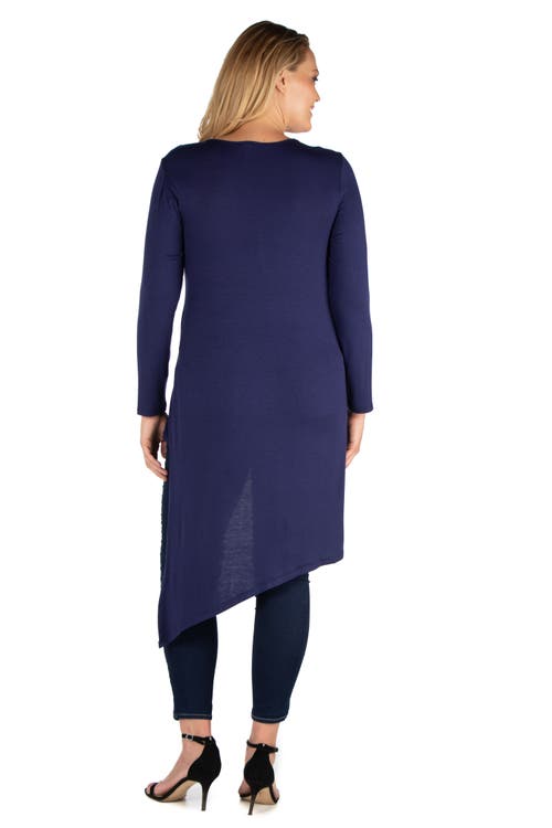 24seven Comfort Apparel Plus Size Long Sleeve Knee Length Asymmetrical  Tunic Top In Brown
