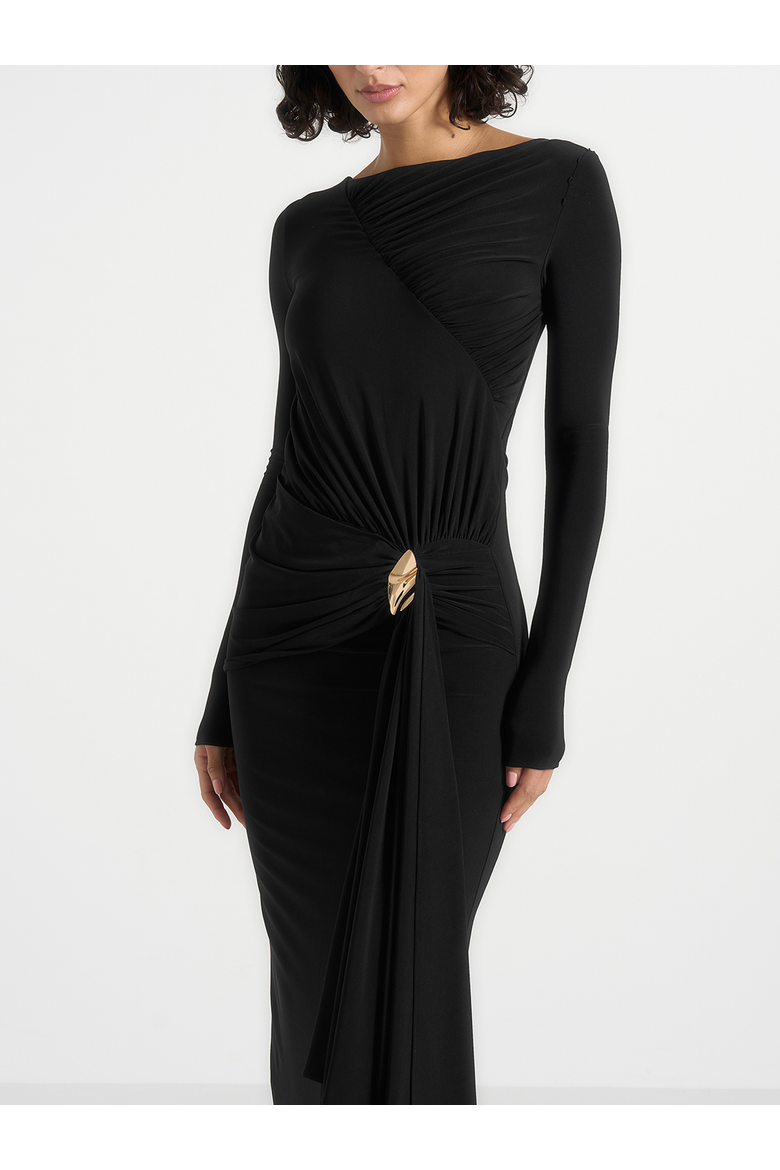 Edena Asymmetric Ruched Draped Maxi Dress, Alternate, color, Black