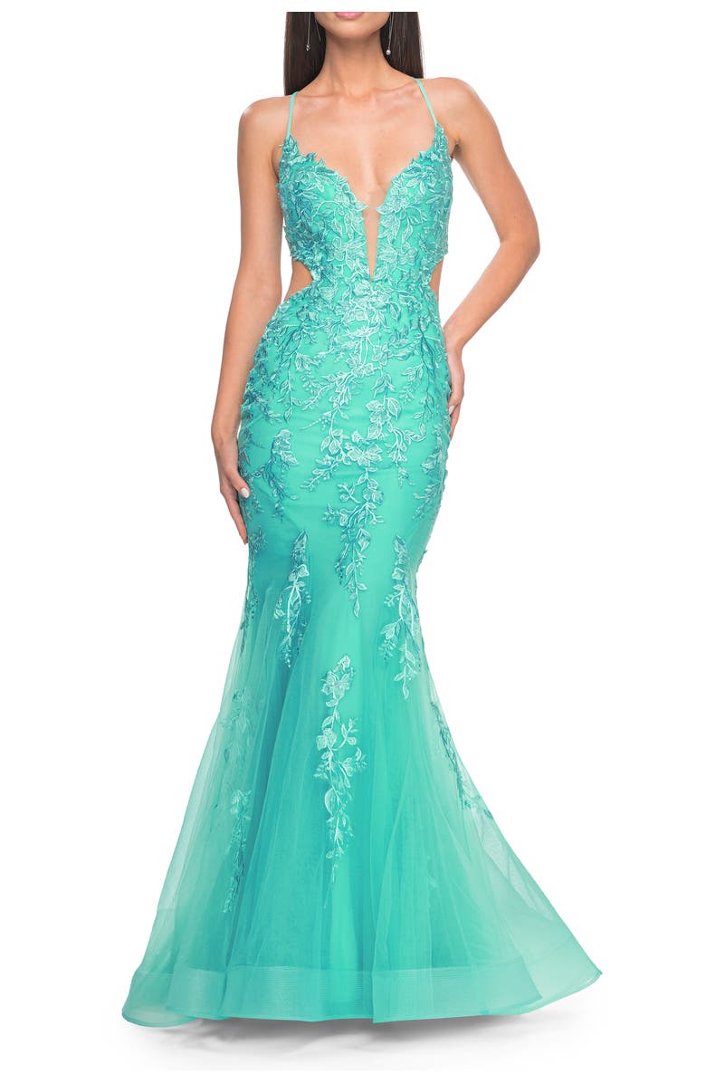 La Femme Lace and Tulle Mermaid Gown with Side Cut Outs, Alternate, color, Aqua