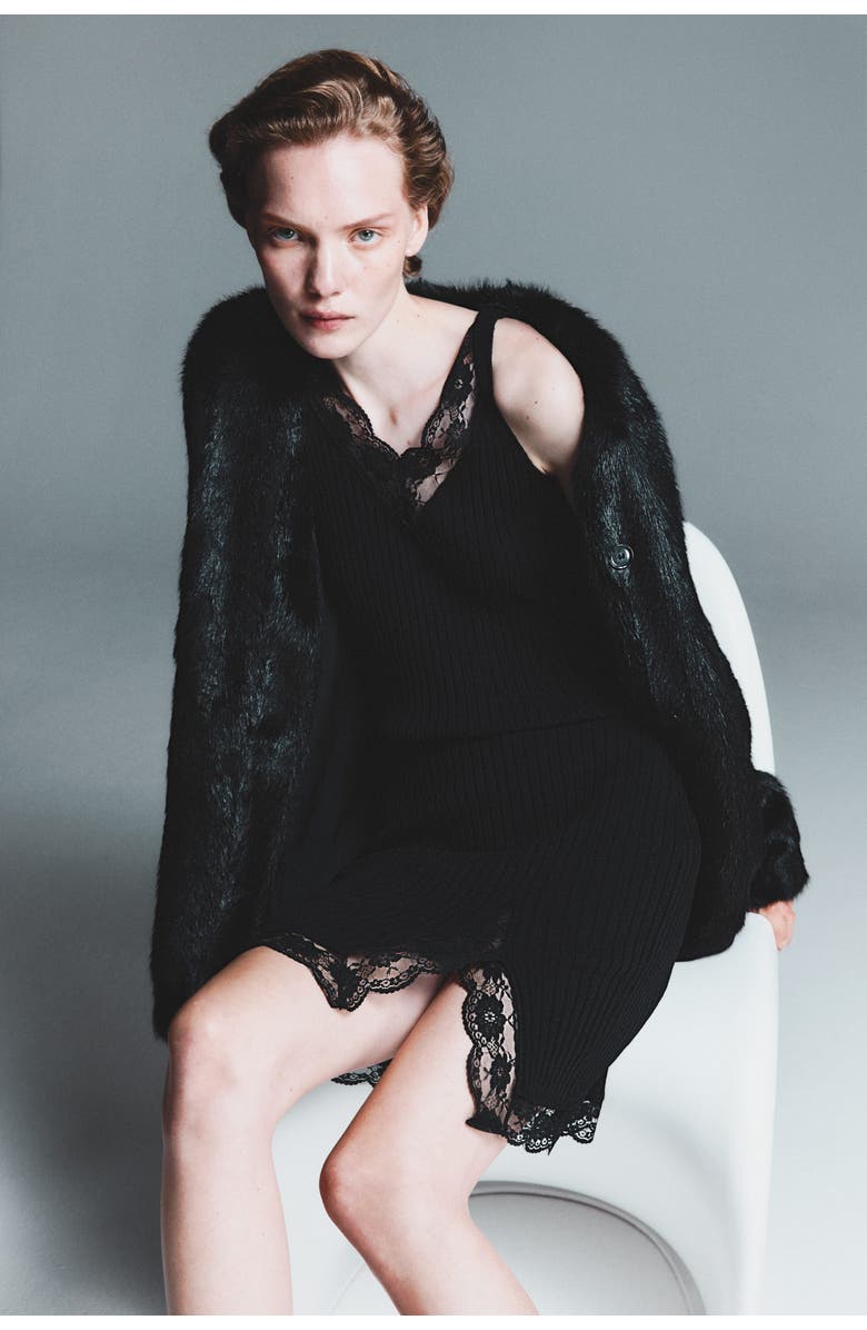 H&M Lace-trimmed Rib-knit Dress, Alternate, color, Black