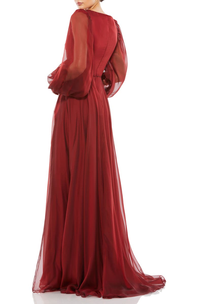 Mac Duggal Sheer Blouson Sleeve Surplice Gown, Alternate, color, Garnet