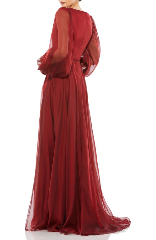 Mac Duggal Sheer Blouson Sleeve Surplice Gown In Garnet