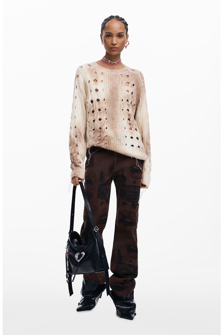 Open Stitch Crewneck Sweater, Alternate, color, LIGHT BEIGE