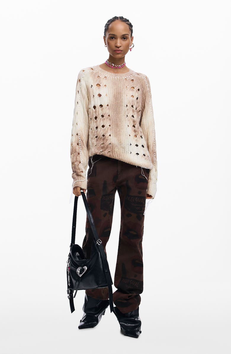 Desigual Open Stitch Crewneck Sweater, Alternate, color, Light Beige