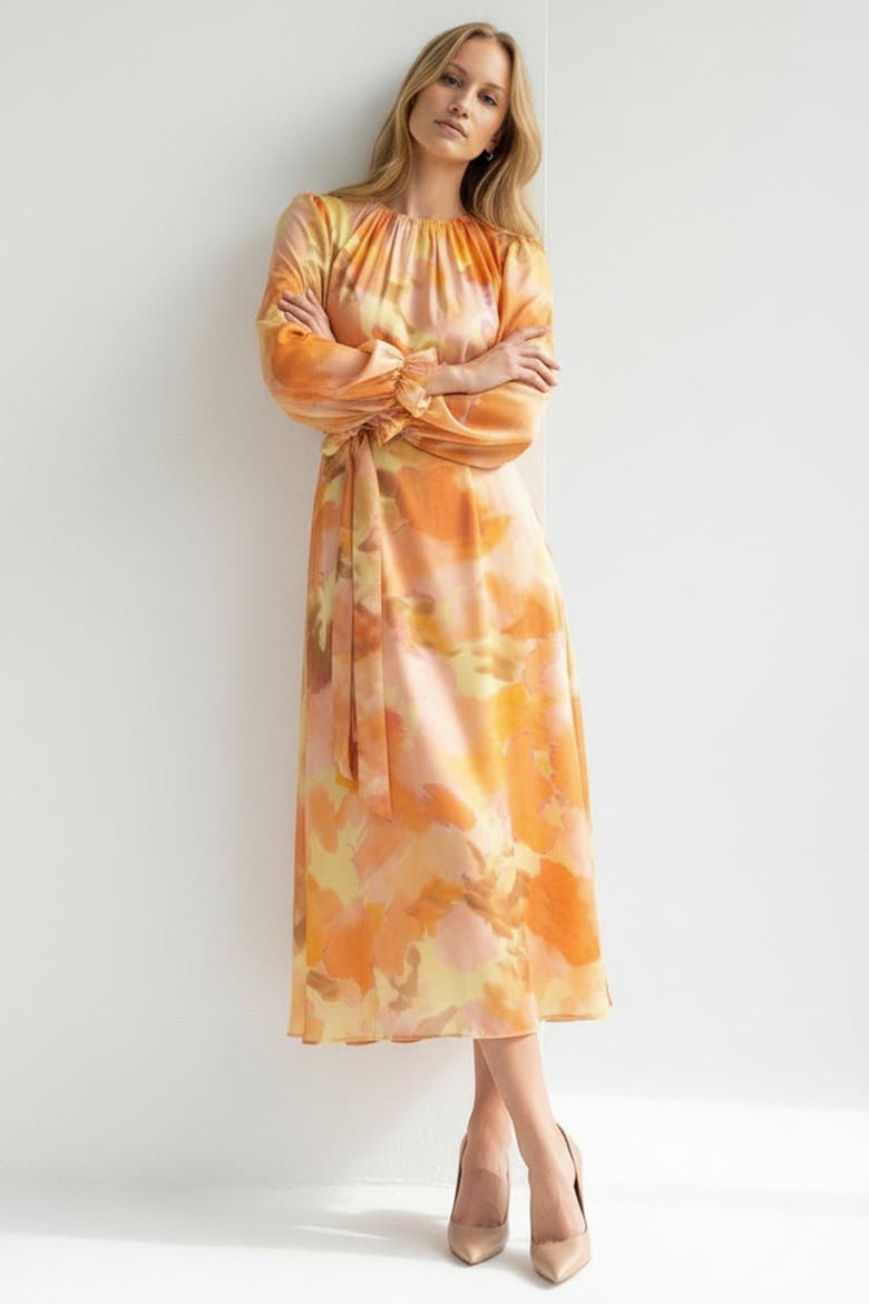 Crew Neck Long Sleeve Relaxed Fit Printed Dress, Alternate, color, Orange