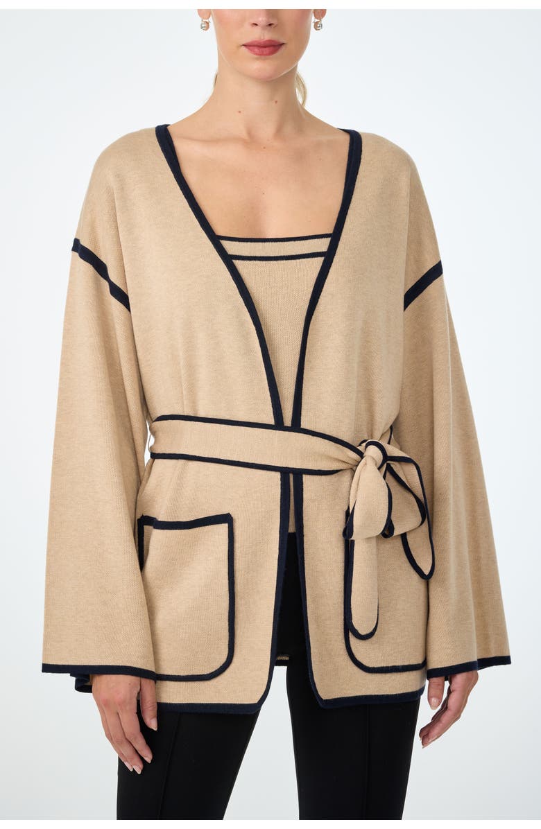 Trina Turk Wright Belted Flare Sleeve Cardigan, Main, color, Camel/Indigo
