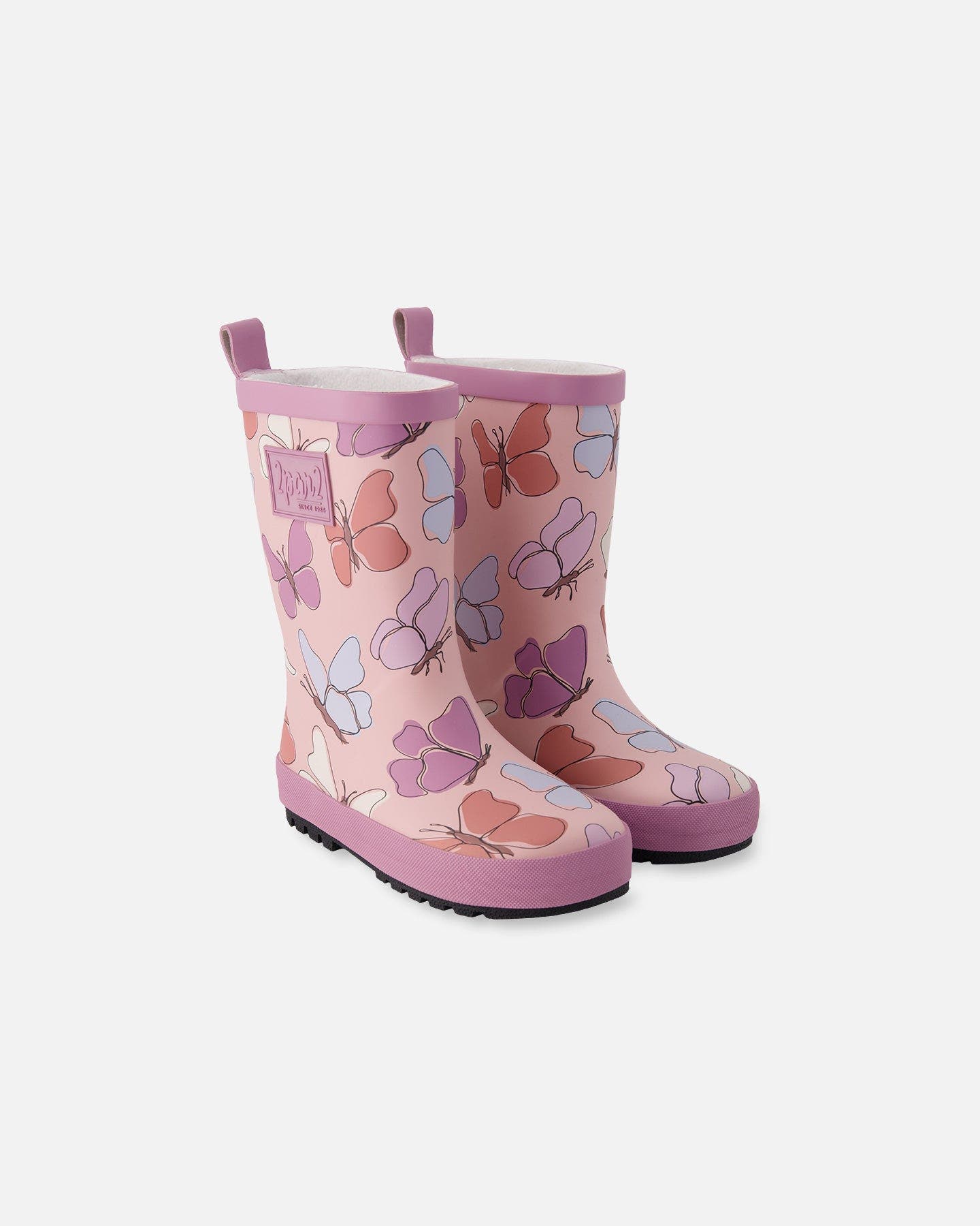 Deux par Deux Waterproof Butterfly Rain Boots in Natural Rubber, Main, color, Pink Butterfly Print