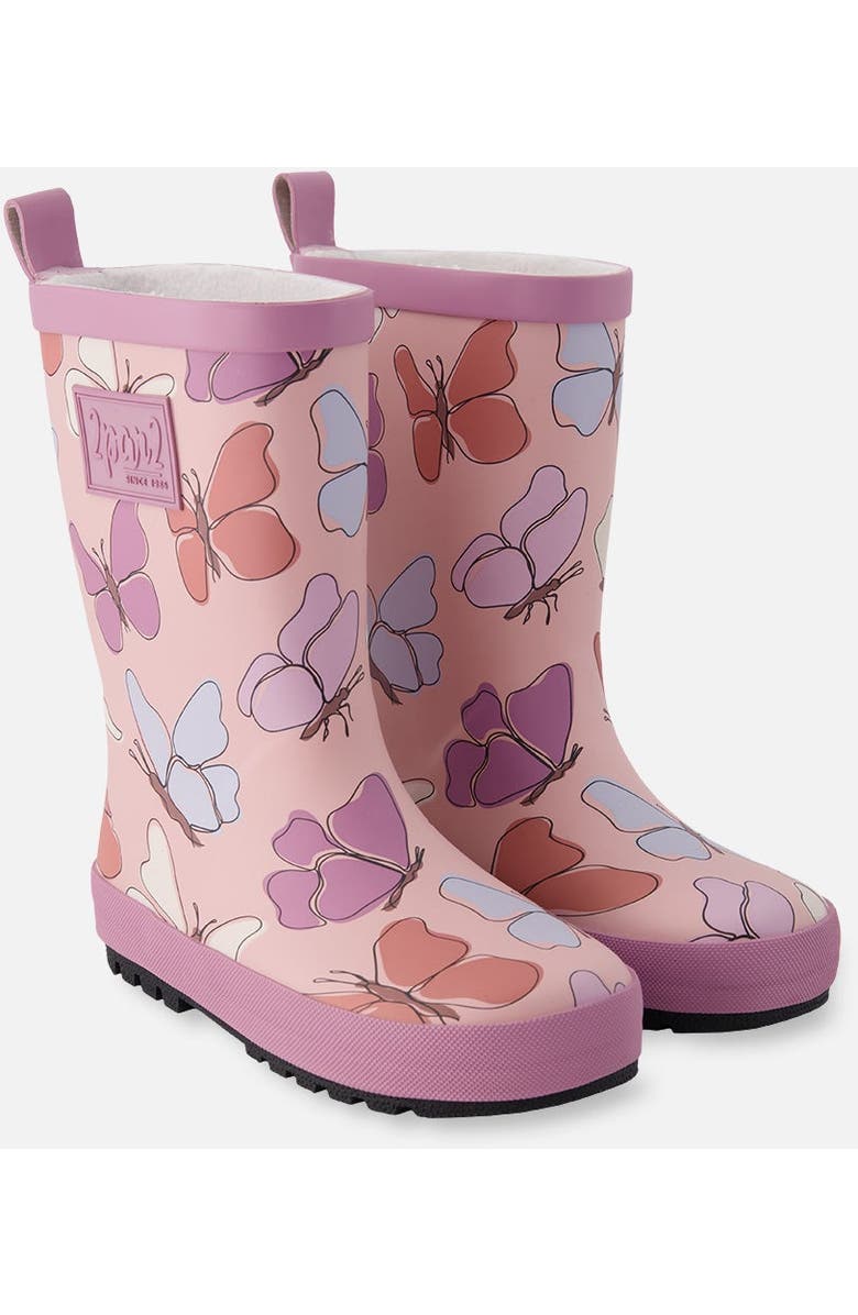 Deux par Deux Waterproof Butterfly Rain Boots in Natural Rubber, Main, color, Pink Butterfly Print