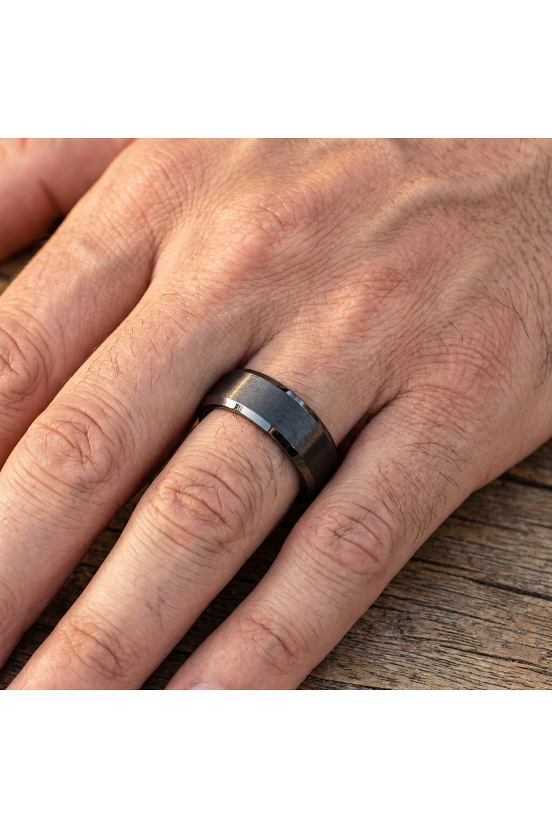 Men's Brushed Black Tungsten 6mm Beveled Ring Wedding Band, Alternate, color, Black Tungsten