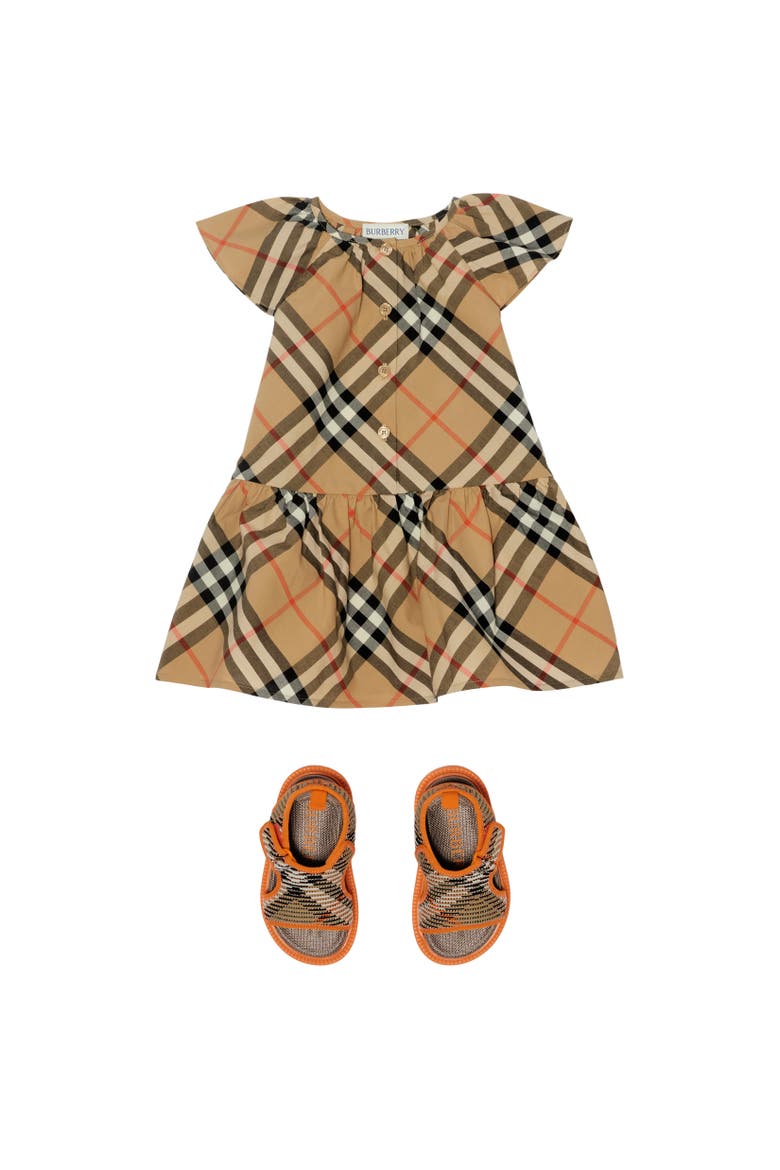 Girls' Check Cotton Dress, Alternate, color, Sand beige