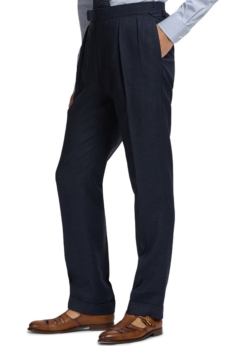 Gregory Pleated Glen Plaid Linen & Silk Trousers, Alternate, color, RACING NAVY