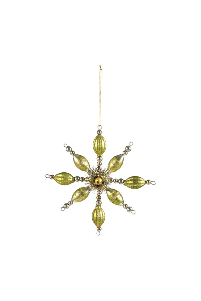 Glass Snowflake Ornament with Beaded Detailing, Main, color, Green and Silver