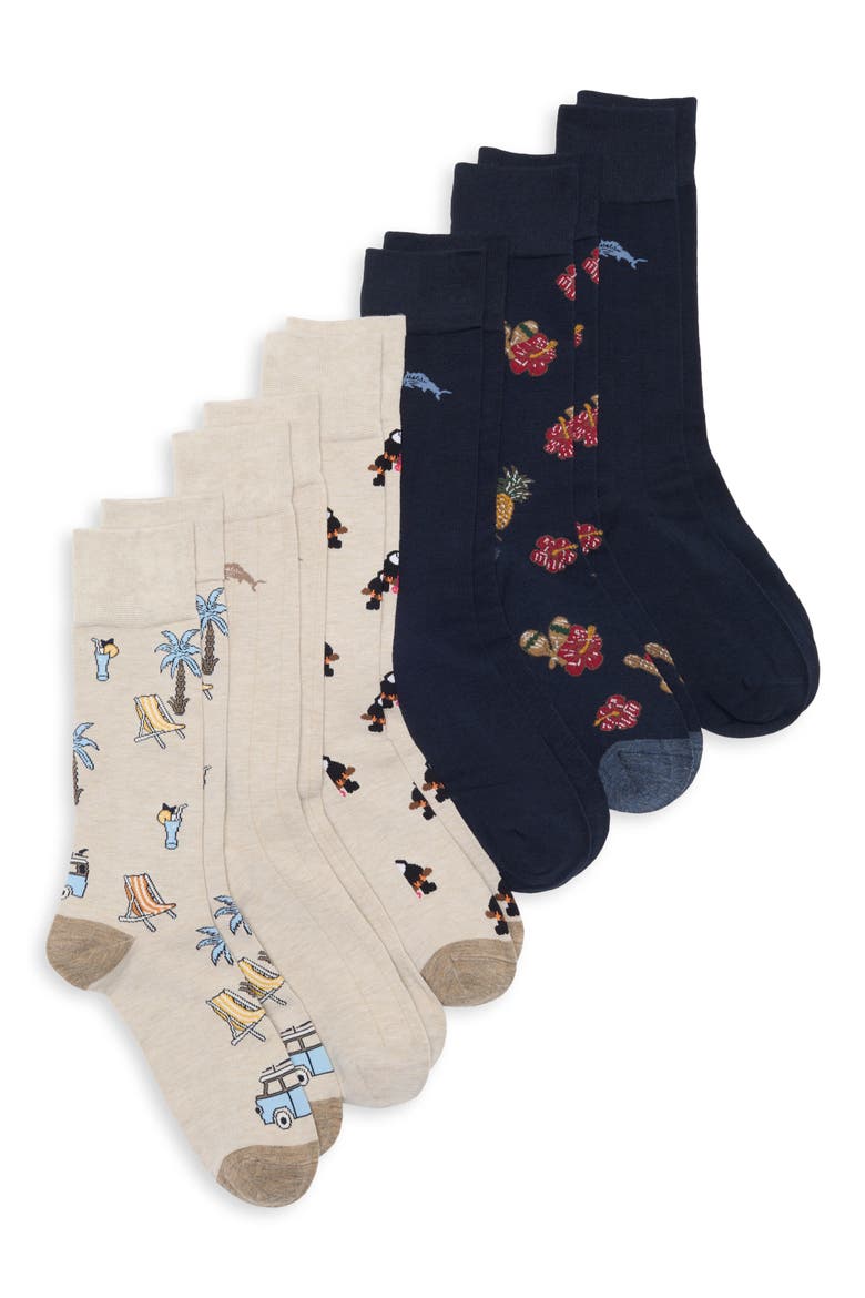 6-Pack Motif Crew Socks, Main, color, KHAKI/ NAVY