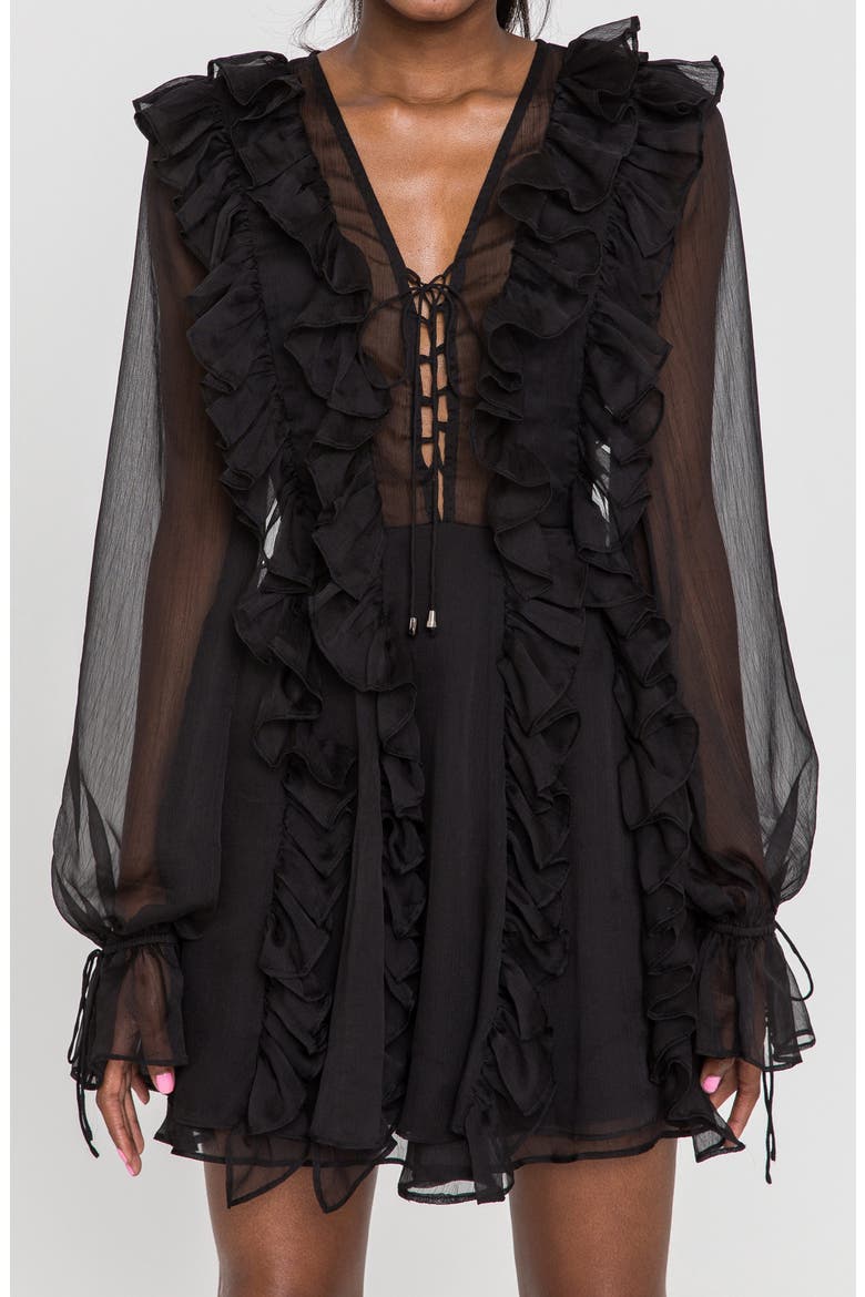 Ruffle Tie Front Long Sleeve Minidress, Alternate, color, BLACK