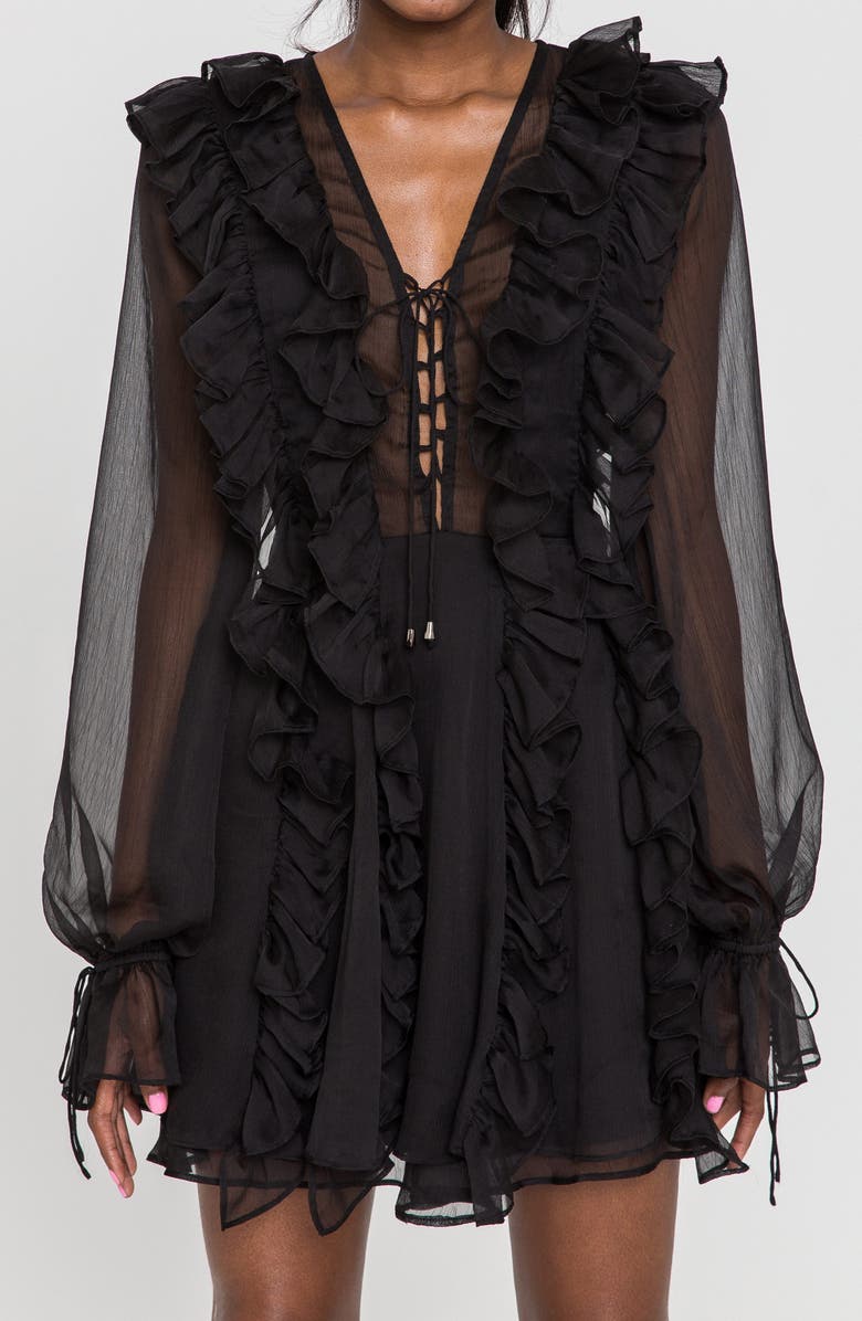 Endless Rose Ruffle Tie Front Long Sleeve Minidress, Alternate, color,