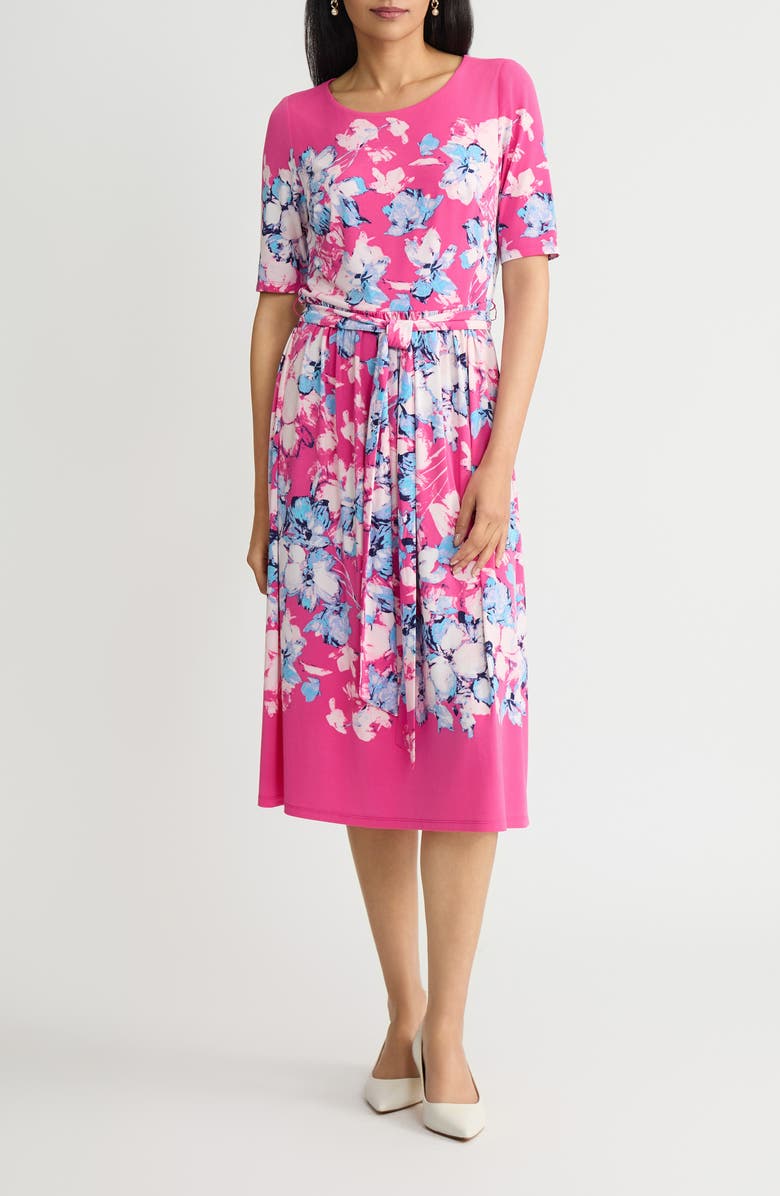 KASPER Floral Print Tie Waist Midi Dress, Main, color, 