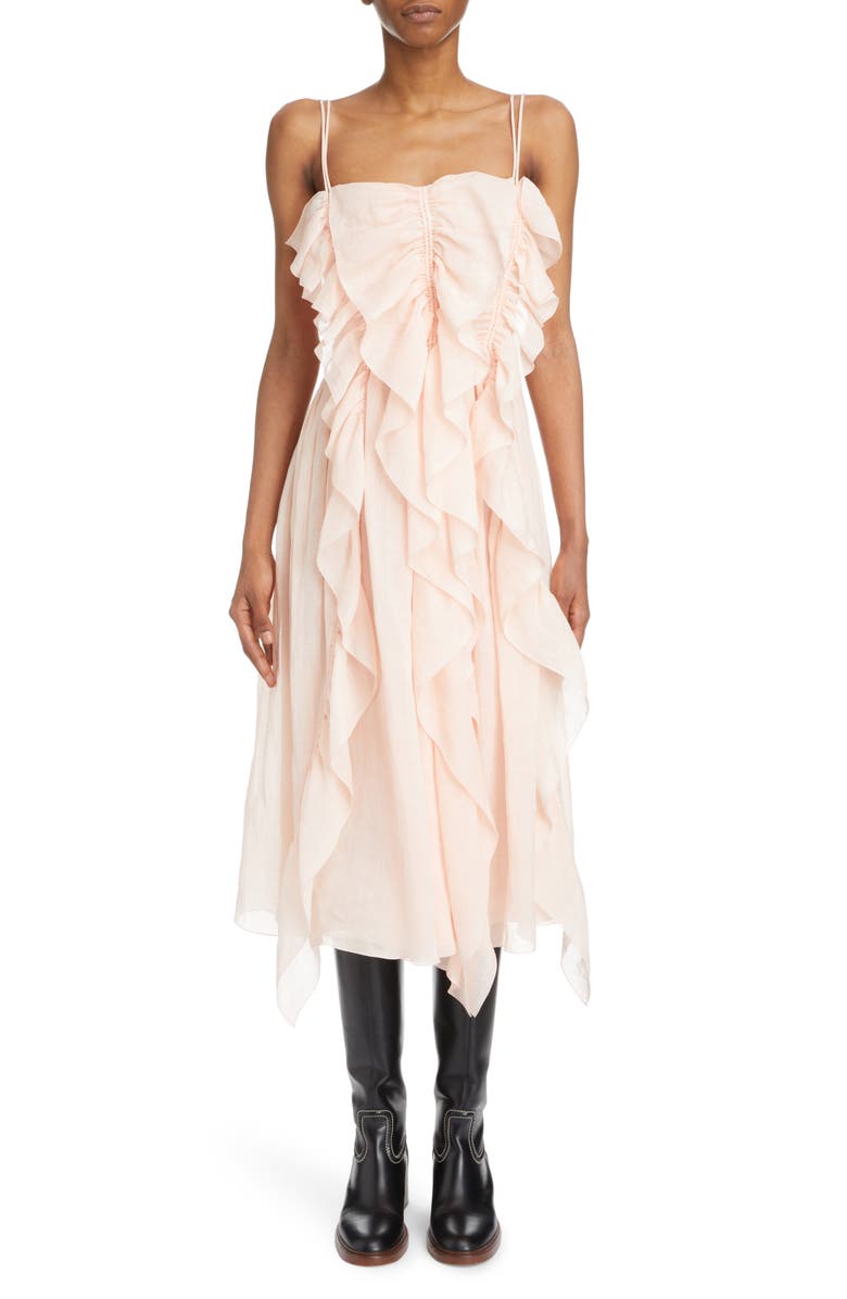 Chloé Ruched Ruffle Voile Midi Dress, Main, color,