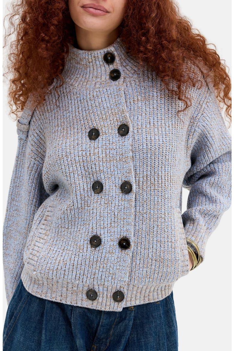 Ribbed Double Breasted Funnel Neck Cardigan, Main, color, BLUE