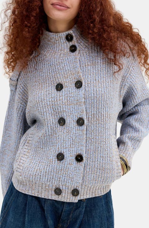 Ribbed Double Breasted Funnel Neck Cardigan