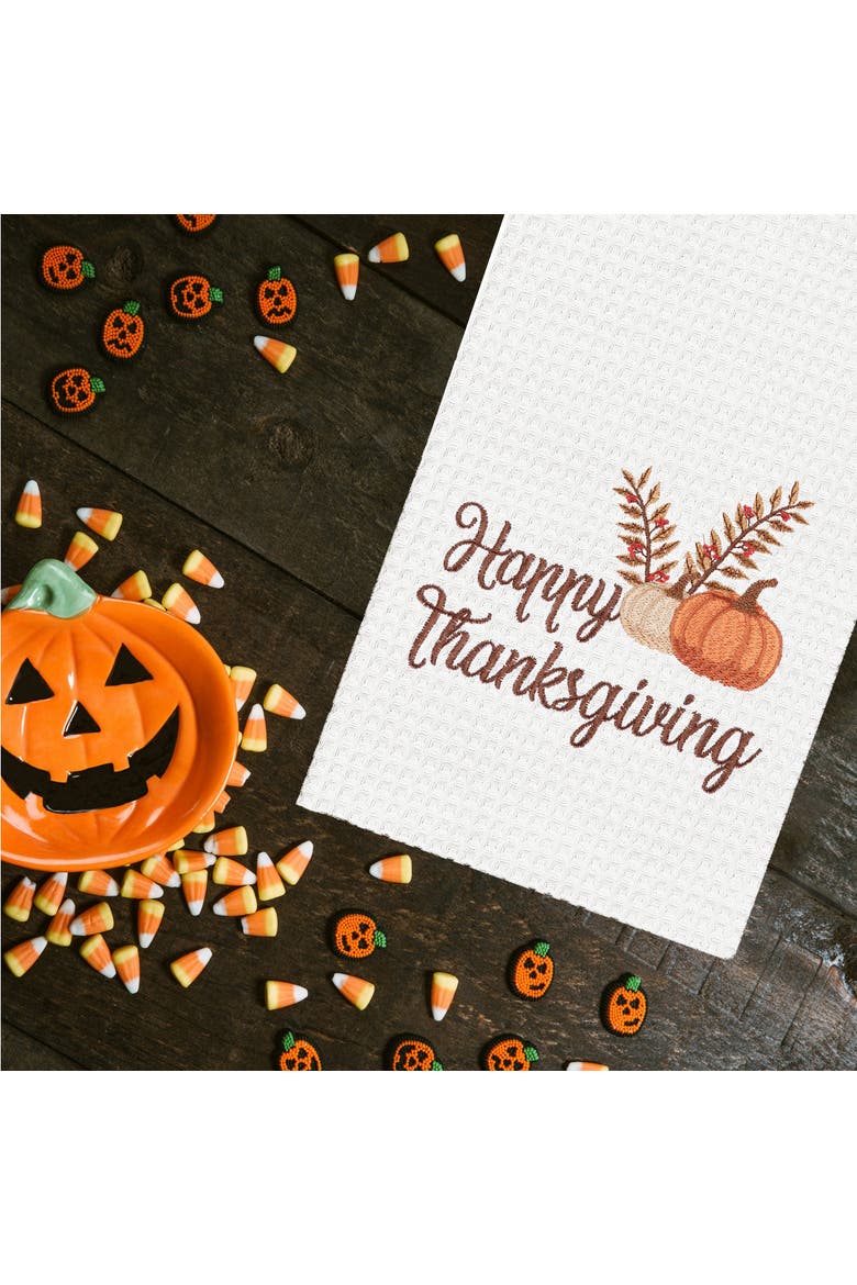 Happy Thanksgiving Embroidered Waffle Weave Kitchen Towel Set of 2, Alternate, color, White