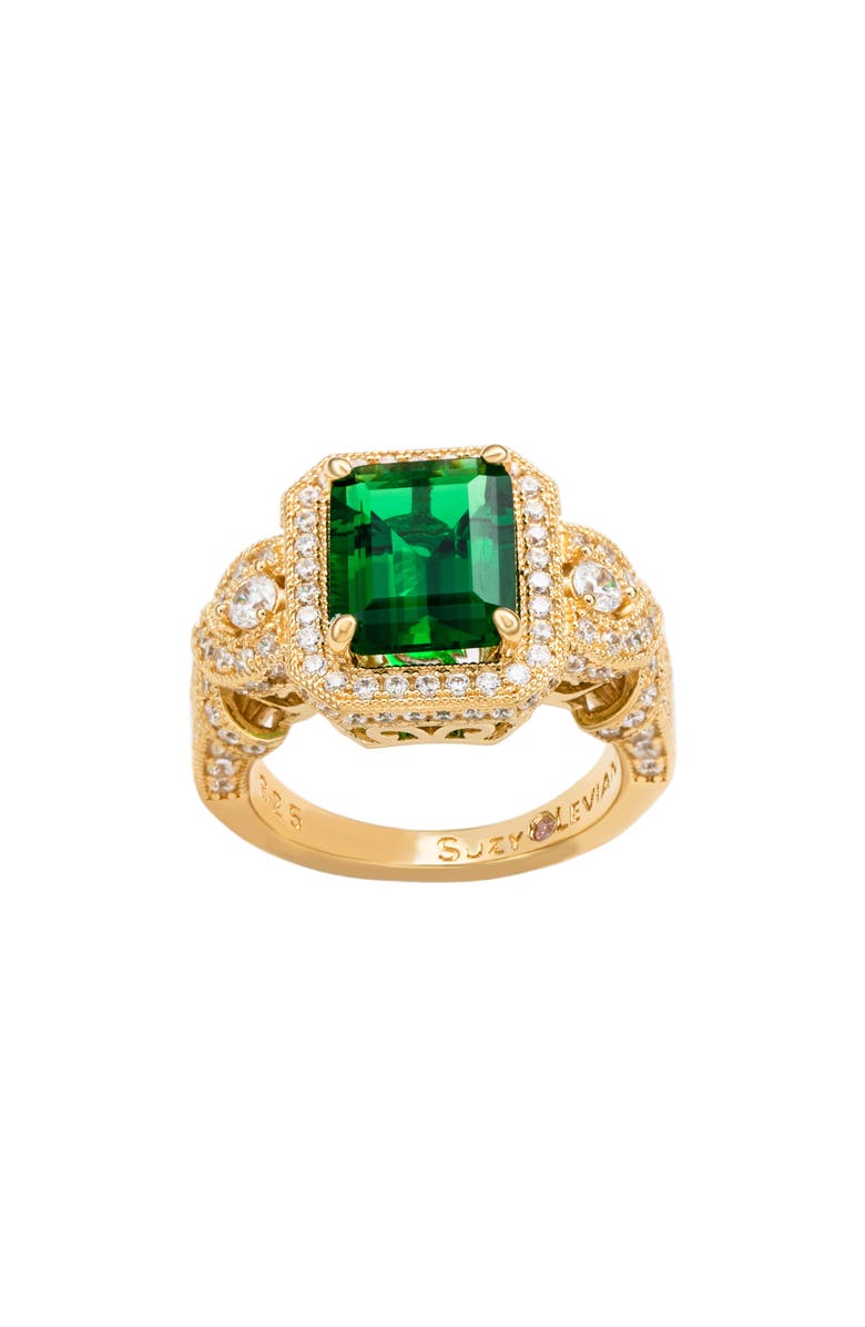 SUZY LEVIAN Emerald Cut Cubic Zirconia Halo Engagement Ring, Alternate, color, Green