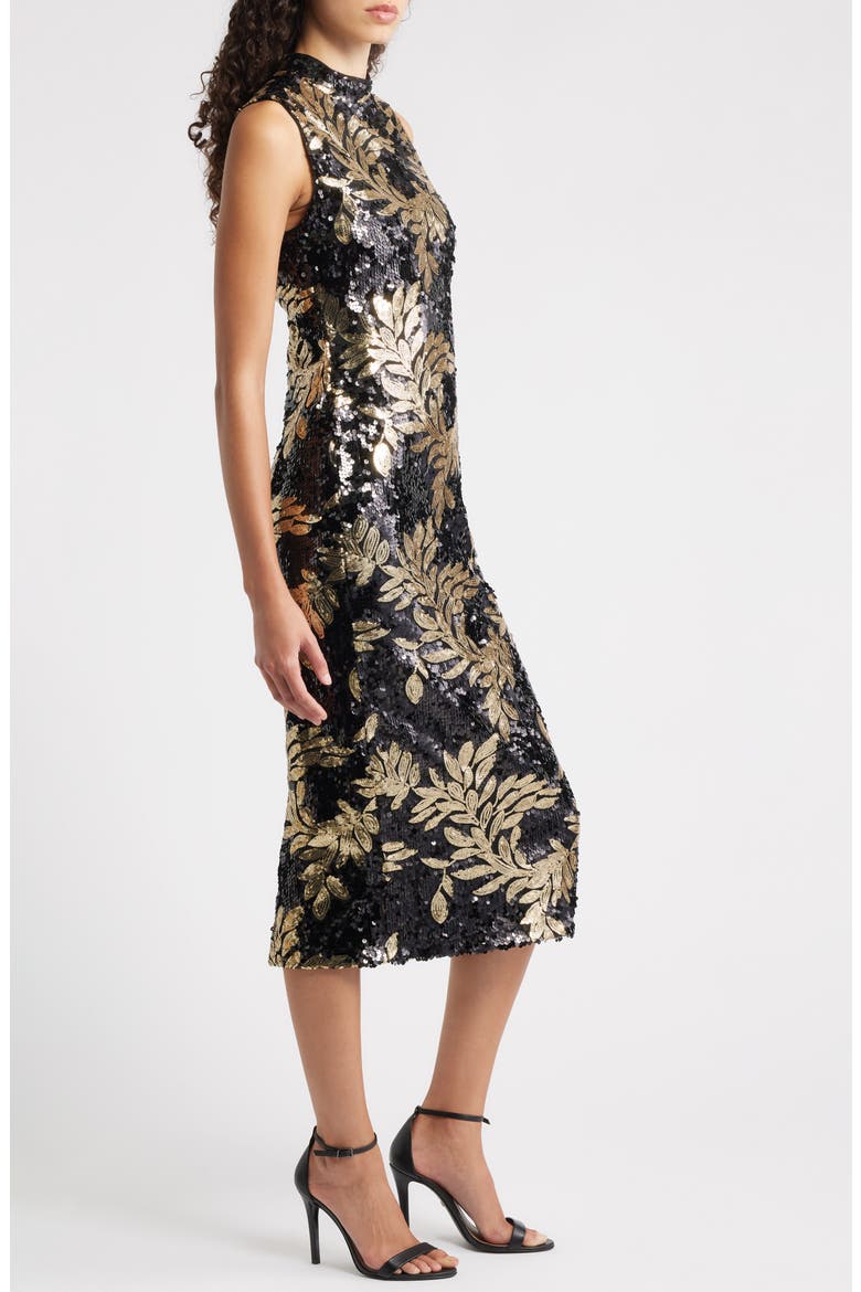 Floral Sequin Mock Neck Midi Dress, Alternate, color, ANNE BLACK/ GOLD