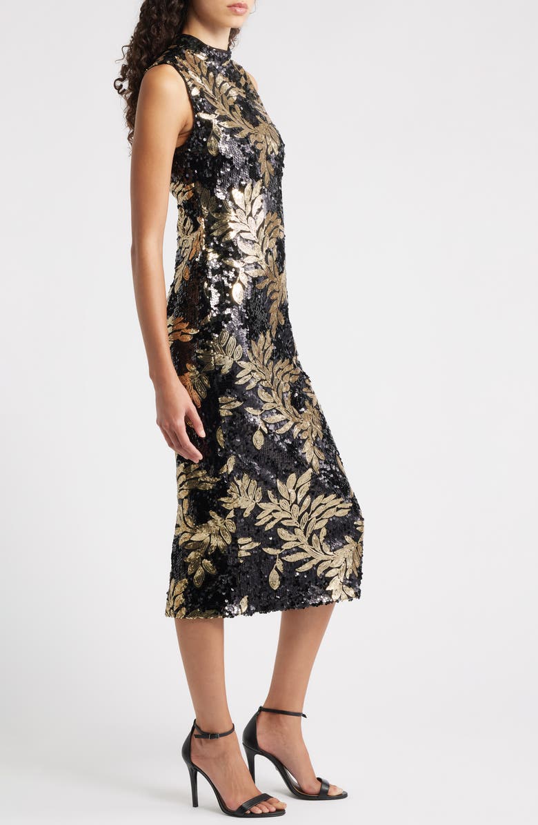 Anne Klein Floral Sequin Mock Neck Midi Dress, Alternate, color, Anne Black/ Gold