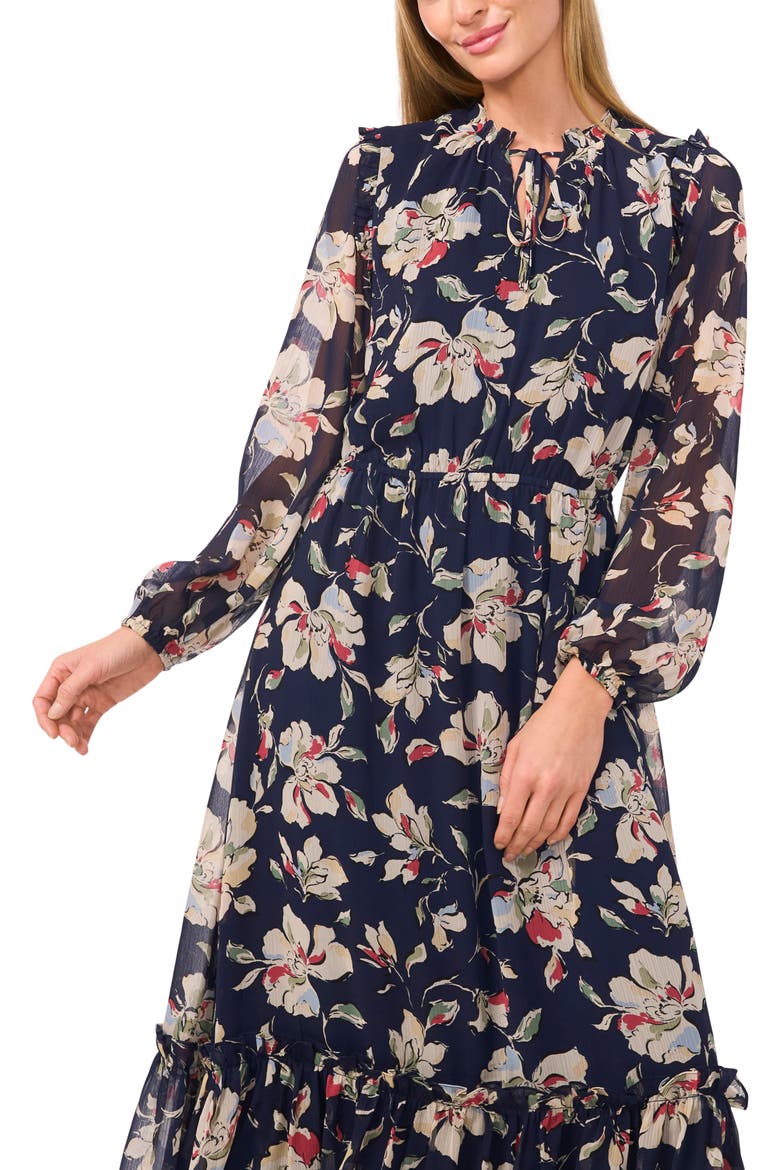 Floral Tiered Long Sleeve Maxi Dress, Alternate, color, CLASSIC NAVY