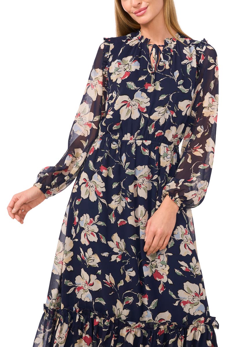 CeCe Floral Tiered Long Sleeve Maxi Dress, Alternate, color, Classic Navy