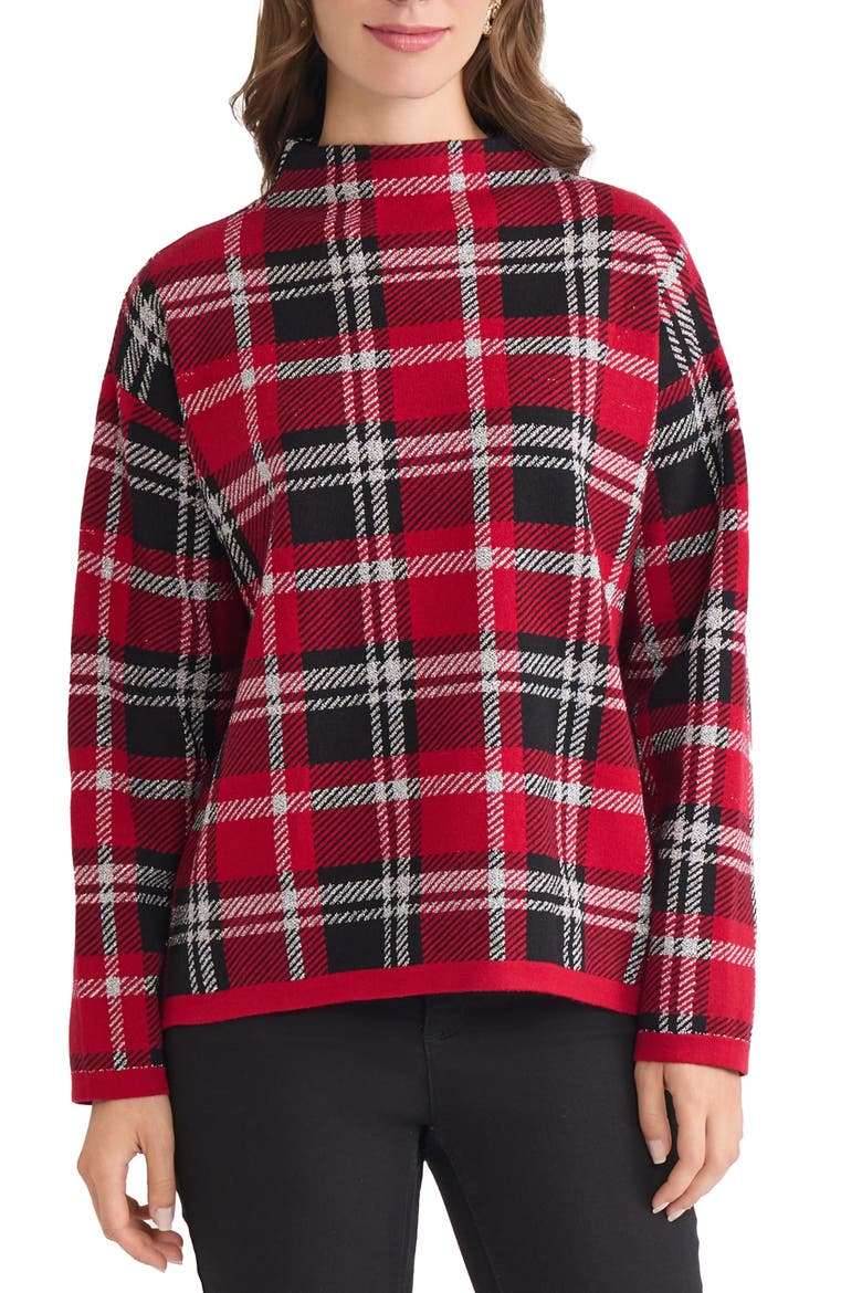 Jacquard Plaid Funnel Neck Sweater, Main, color, VENETIAN RED MULTI