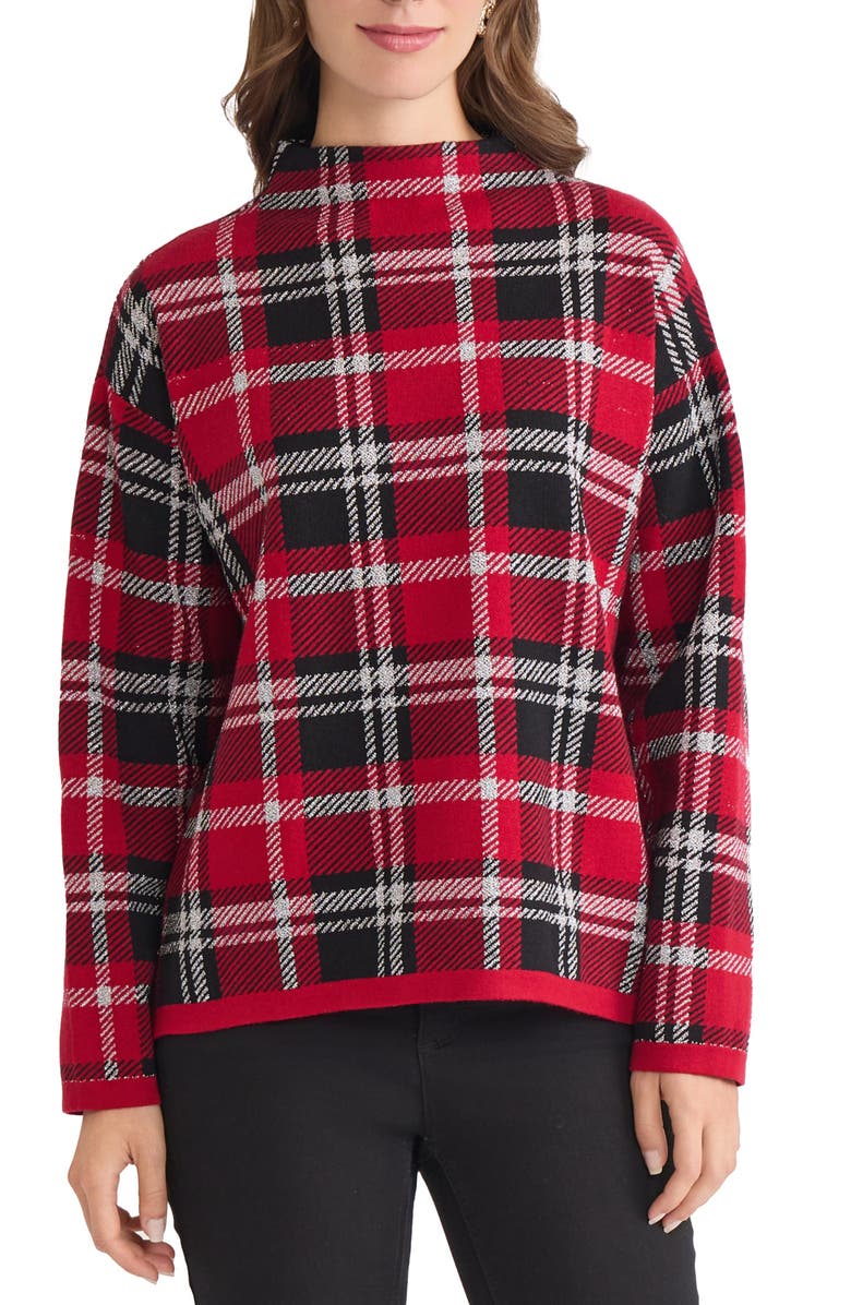 Jones New York Jacquard Plaid Funnel Neck Sweater, Main, color, Venetian Red Multi