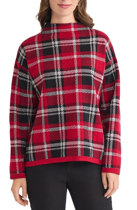Jacquard Plaid Funnel Neck Sweater