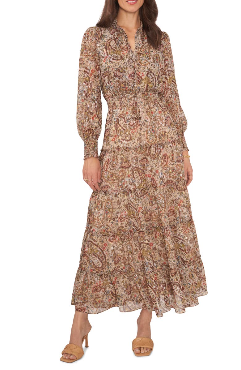 Vince Camuto Metallic Fleck Paisley Long Sleeve Tiered Maxi Dress, Main, color,