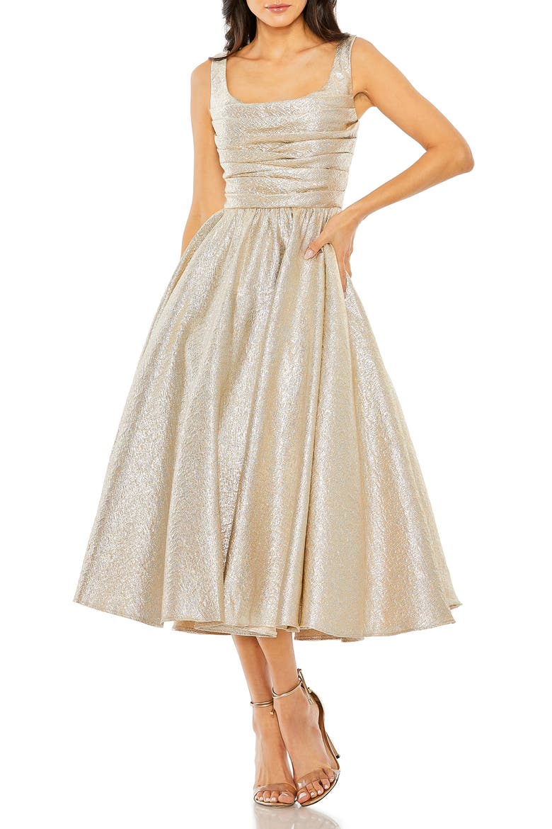 Shimmering Square Neck Sleeveless A-Line Midi Dress, Main, color, OYSTER