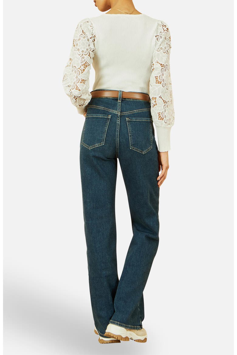 Ribbed Knitted Lace Sleeve Sweater, Alternate, color, White