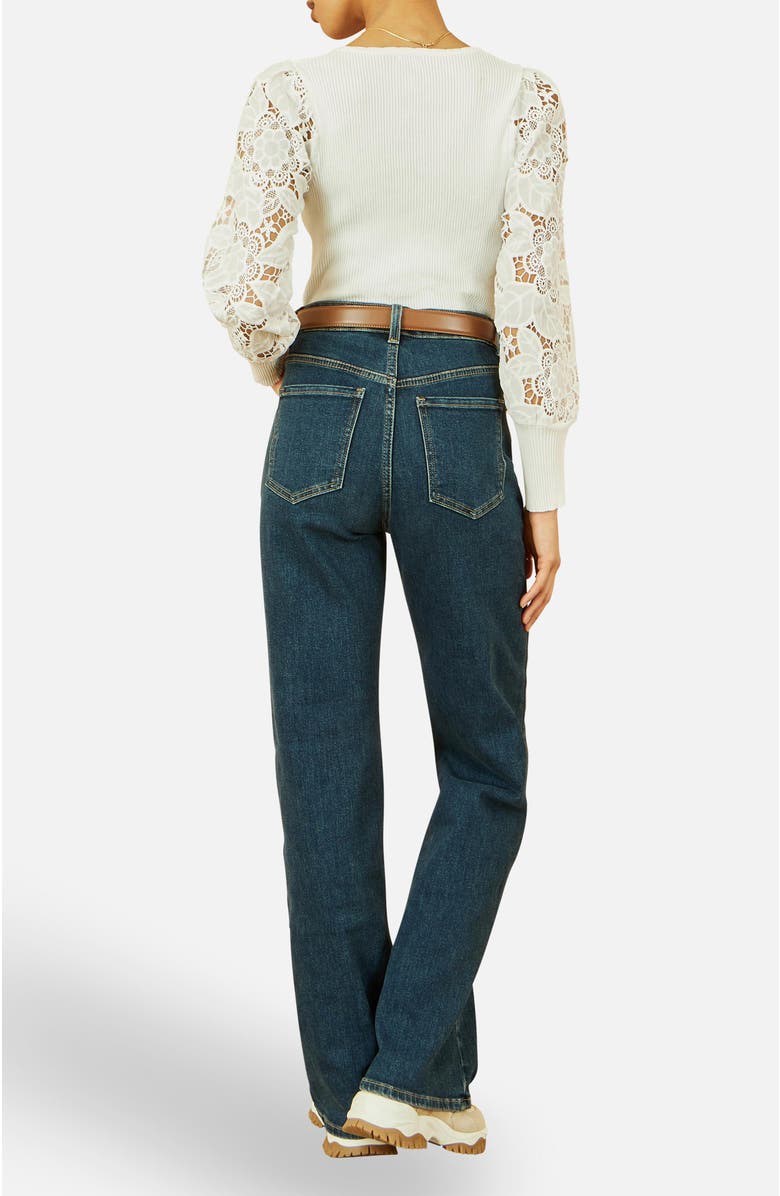 Yumi Ribbed Knitted Lace Sleeve Top, Alternate, color, White