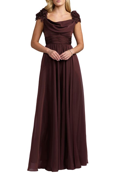 Chiffon Cowl Neck Embellished Cap Sleeve Gown
