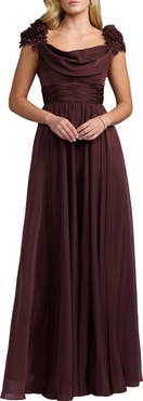 Mac Duggal Chiffon Cowl Neck Embellished Cap Sleeve Gown