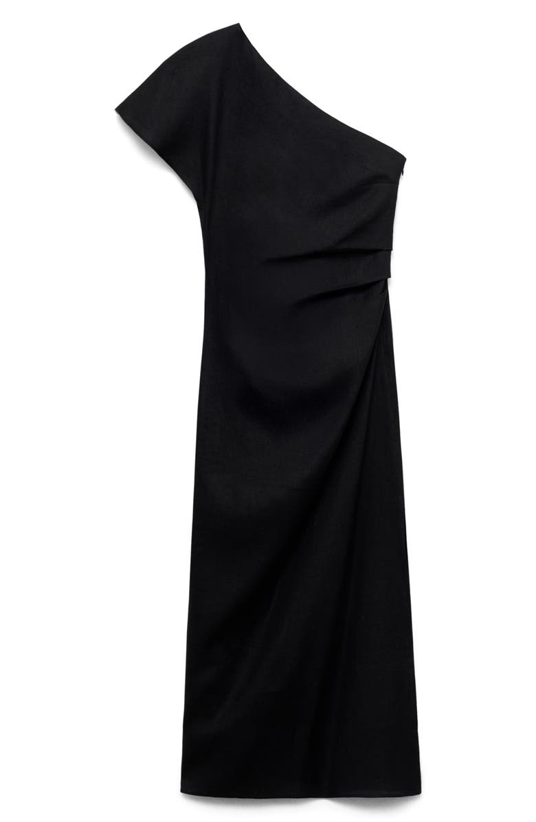 MANGO One-Shoulder Linen Midi Dress, Alternate, color, Black