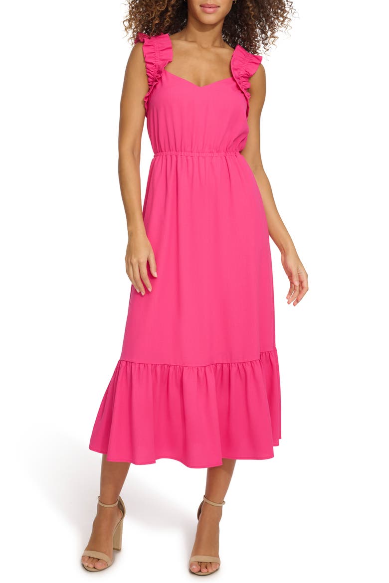 Ruffle Sleeveless Fit & Flare Midi Dress, Main, color, HOT PINK