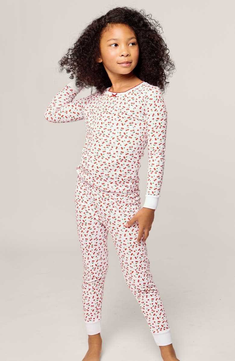 Petite Plume Kids' Cherry Print Floral Fitted Two-Piece Pajamas, Alternate, color, White