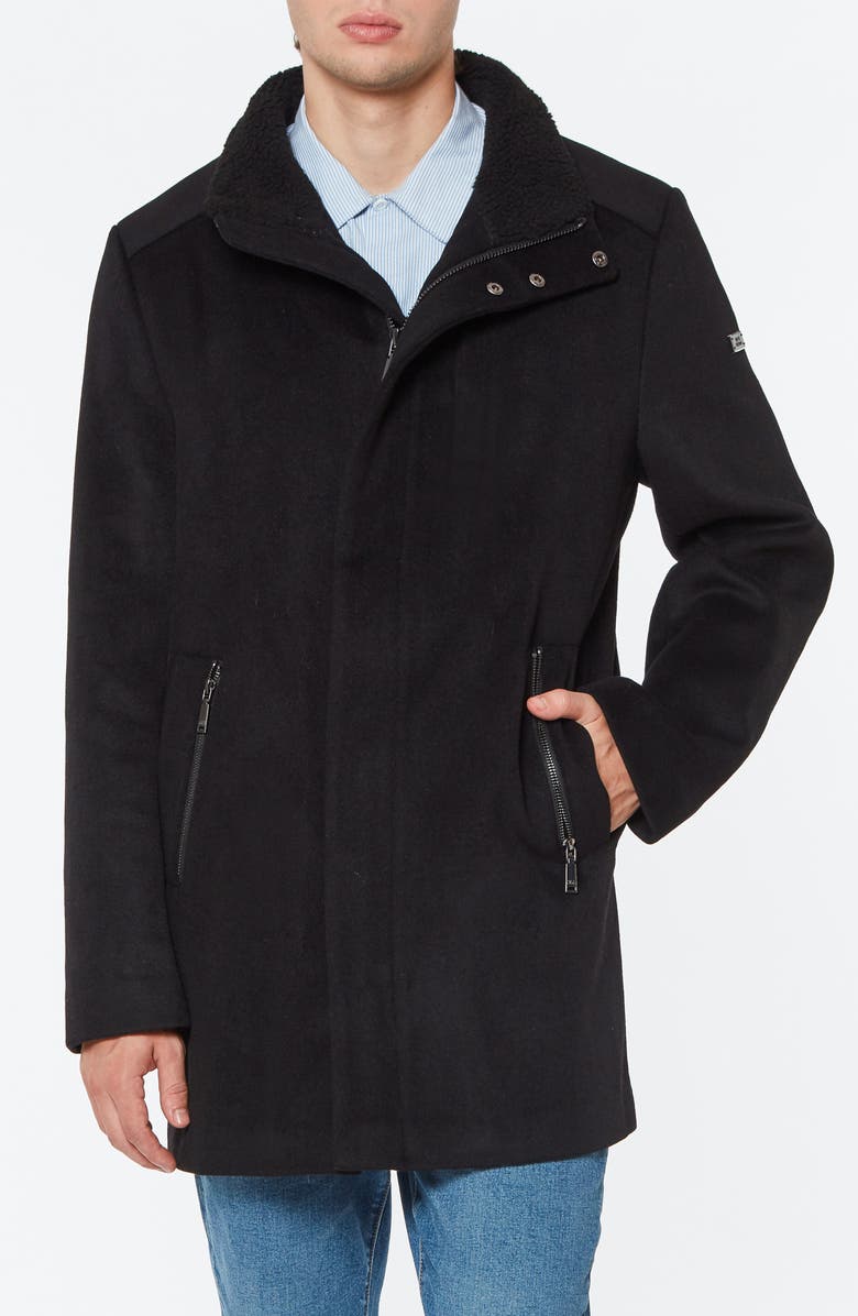 Vince Camuto Faux Shearling Trim Wool Blend Coat, Main, color, Black